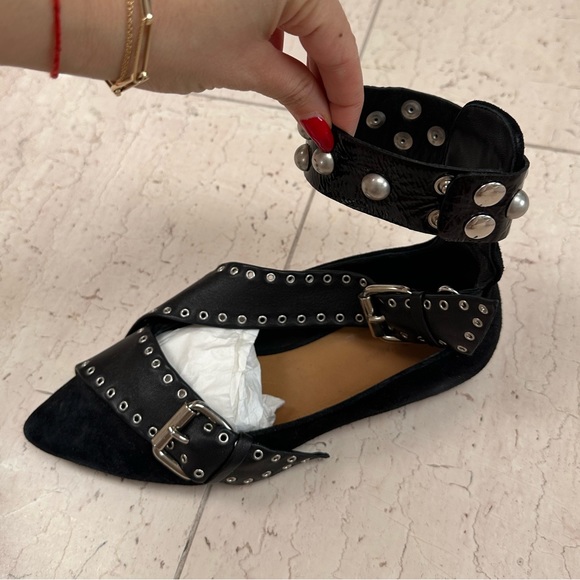 Isabel Marant Black Suede Eyelet Studded Ankle Wrap Linzy Flats - Picture 8 of 16